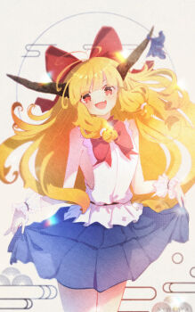 1girl absurdres bare_arms blonde_hair blue_skirt blush bow bowtie commentary cowboy_shot fang frilled_wristband highres horns ibuki_suika long_hair looking_at_viewer nywerya oni pleated_skirt red_bow red_bowtie see-through_silhouette shirt skin_fang skirt skirt_hold sleeveless sleeveless_shirt smile solo thighs touhou very_long_hair white_shirt