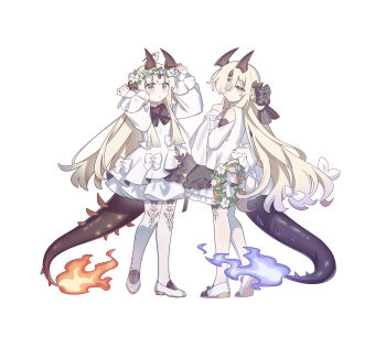 2girls :o absurdres aged_down ahoge arknights black_bow blush bow clothing_cutout dragon_girl dragon_horns dragon_tail dress facial_mark fire flame-tipped_tail forehead_mark full_body gradient_hair green_eyes green_hair head_wreath highres holding_head_wreath horns isikishoku_akn light_smile long_hair multicolored_hair multiple_girls necrass_(arknights) necrass_(young)_(arknights) pantyhose purple_hair reed_(arknights) reed_(young)_(arknights) shoes shoulder_cutout siblings simple_background sisters tail white_background white_bow white_dress white_shoes
