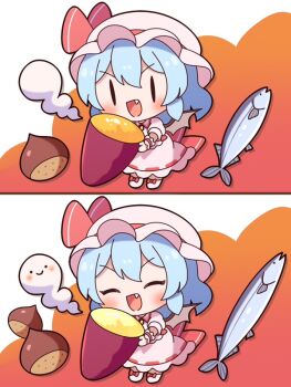 1girl 60mai bat_wings blue_hair chibi chibi_only closed_eyes collared_shirt commentary_request deformed fang fish food food_request hair_between_eyes hat hat_ribbon holding open_mouth pink_hat pink_shirt pink_shoes pink_skirt puffy_short_sleeves puffy_sleeves red_ribbon remilia_scarlet ribbon shirt shoes short_hair short_sleeves skirt smile solo spot_the_differences sushi touhou wings wrist_cuffs