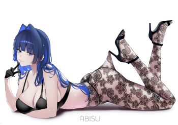 1girl alternate_costume ass black_bra black_gloves black_panties blue_eyes blue_hair bra breasts clothes_pull feet_up fromabisu gloves hair_intakes high_heels highres hololive hololive_english huge_breasts lace_pantyhose lace_pantyhose_hooked_on_heel_(meme) long_hair lying meme on_stomach ouro_kronii panties panties_under_pantyhose pantyhose pantyhose_pull simple_background solo underwear virtual_youtuber white_background