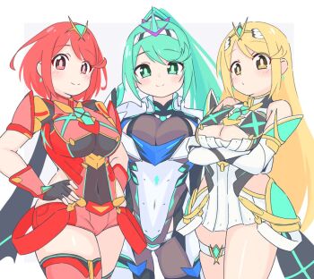 3girls blonde_hair breasts green_eyes green_hair highres large_breasts multiple_girls mythra_(xenoblade) pneuma_(xenoblade) pyra_(xenoblade) red_eyes red_hair uncool_mochi xenoblade_chronicles_(series) xenoblade_chronicles_2 yellow_eyes