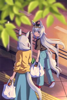2girls ahoge animal_ears bag black_shirt blue_eyes blue_pants blue_skirt carrot closed_mouth commentary ear_ornament english_commentary grey_hair grey_tail grocery_bag hair_between_eyes hair_ornament hair_over_shoulder hairband highres holding holding_bag horse_ears horse_girl horse_tail lareindraws leaf long_hair long_sleeves looking_at_another multicolored_hair multiple_girls oguri_cap&#039;s_mother_(umamusume) oguri_cap_(umamusume) pants shirt shopping_bag short_sleeves skirt smile sweater tail umamusume umamusume:_cinderella_gray walking yellow_sweater
