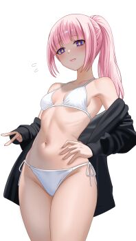 Rule 34 | 1girl, absurdres, bikini, blue eyes, breasts, commentary request, highres, jacket, kaf (kamitsubaki studio), kamitsubaki studio, kizakura art, long hair, navel, off shoulder, open clothes, open jacket, pink hair, ponytail, side-tie bikini bottom, small breasts, solo, swimsuit, white bikini