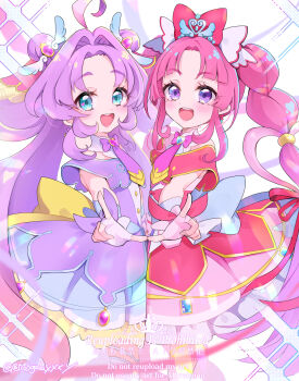 Rule 34 | 2girls, :d, absurdres, ahoge, akechi anna, back bow, blue eyes, blue gem, bow, braid, brooch, capelet, commentary request, cure answer, cure mystique, double bun, dress, earrings, fingerless gloves, gem, glove bow, gloves, gradient hair, hair bow, hair bun, hair intakes, hair ornament, heart, heart brooch, heart hair ornament, heart in eye, highres, impossible hair, jewelry, kobayashi mikuru, large bow, layered dress, long hair, looking at viewer, magical girl, meitantei precure!, multicolored hair, multiple girls, open mouth, parted bangs, peteron, pink bow, pink capelet, pink dress, pink gloves, pink hair, precure, purple bow, purple capelet, purple dress, purple eyes, purple gem, purple hair, red bow, sidelocks, smile, symbol in eye, symmetry, twin braids, twitter username, watermark, white background, white bow, white gloves, yellow bow