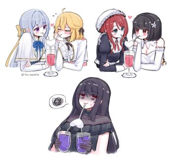 5girls anger_vein angry anisphia_wynn_palettia bags_under_eyes breasts cleavage couple crazy_straw cup drink drinking drinking_glass drinking_straw drinking_straw_in_mouth euphyllia_magenta haihaiera heart heart_straw highres holding holding_cup ilia_coral lainie_cyan long_hair medium_breasts multiple_girls shaded_face shared_drink shared_straw sharing short_hair signature small_breasts tensei_oujo_to_tensai_reijou_no_mahou_kakumei tilty_claret twitter_username wine_glass yuri