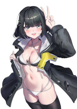 1girl absurdres arknights arknights:_endfield bikini black_bikini black_coat black_hair black_pantyhose breasts cleavage coat commentary_request cowboy_shot endministrator_(arknights) female_endministrator_(arknights) healgo highres looking_at_viewer medium_breasts multi-strapped_bikini_bottom multicolored_bikini navel no_mask open_mouth pantyhose simple_background smile solo swimsuit two-tone_bikini v white_background white_bikini