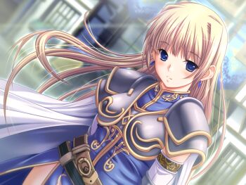 1girl armor blonde_hair blue_eyes blue_shirt breasts cape cecilia_wainsearth dungeon_crusaderz dutch_angle earrings game_cg jewelry large_breasts long_hair looking_at_viewer m&amp;m_(mickey_and_mackey) pauldrons shirt shoulder_armor smile upper_body white_cape