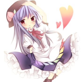 Rule 34 | 1girl, angry, arm behind back, bad id, bad pixiv id, black hat, black legwear, blue hair, blue skirt, bow, bowtie, closed mouth, cowboy shot, eyelashes, female focus, food, fruit, hand on headwear, hat, heart, hinanawi tenshi, long hair, looking at viewer, md5 mismatch, nayuta (artist), nayuta (scarlet-noize), peach, pout, puffy short sleeves, puffy sleeves, red bow, red bowtie, red eyes, shirt, short sleeves, simple background, skirt, skirt set, solo, touhou, white background, white shirt