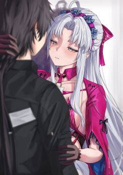 1boy 1girl ahoge aqua_eyes black_gloves black_hair black_jacket bow breasts carlotta_(wuthering_waves) collarbone commentary gloves grabbing_another&#039;s_arm grey_hair hair_bow hairband half-closed_eyes highres jacket light_blush long_hair looking_at_another male_rover_(wuthering_waves) medium_breasts parted_bangs parted_lips pink_bow pink_hairband pink_jacket renge_(730) rover_(wuthering_waves) striped_bow symbol-only_commentary upper_body very_long_hair wuthering_waves