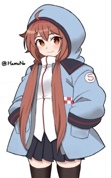 1girl ahoge alternate_costume black_skirt black_thighhighs blue_jacket brown_eyes brown_hair commentary_request hamuno hands_in_pockets highres hood hooded_jacket jacket kantai_collection low_twintails one-hour_drawing_challenge pleated_skirt shiratsuyu_(kancolle) shiratsuyu_kai_ni_(kancolle) shirt simple_background skirt solo thighhighs twintails twitter_username white_background white_shirt
