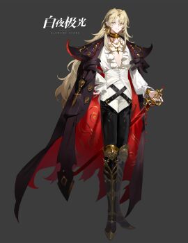 1boy alchemy_stars armored_boots bangle bead_necklace beads belt black_belt black_boots blonde_hair blood blood_drip bloody_weapon boots bracelet brown_cape cape chinese_commentary closed_mouth collarbone commentary_request copyright_logo cummerbund curtained_hair earrings frilled_shirt frilled_sleeves frills full_body gaiters gold_collar gold_earrings grey_background grey_eyes hair_ornament hand_on_own_hip heterochromia highres holding holding_sword holding_weapon jewelry knee_boots light_smile logo long_hair looking_at_viewer mismatched_earrings multiple_rings necklace official_art pants parted_bangs partially_unbuttoned pointy_ears poleyn red_cape reverse_grip ring shirt shoulder_pads simple_background solo standing star_(symbol) star_necklace sword tachi-e thighhigh_gaiters thighhighs two-sided_cape two-sided_fabric weapon white_pants white_shirt wilhelm_(alchemy_stars) yellow_eyes yuzuo_de_yi_tiao_bianr