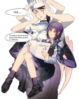 apron arthropod_limbs black_apron black_gloves black_hair blood blood_drip bloody_tears breasts chainsaw_man chef chef_hat closed_eyes couple disembodied_head elbow_gloves english_text extra_arms falling_devil_(chainsaw_man) fami_(chainsaw_man) flat_top_chef_hat fourth_east_high_school_uniform gloves hat highres holding_detached_head long_arms school_uniform severed_head short_hair waist_apron yijiao_wuran yuri