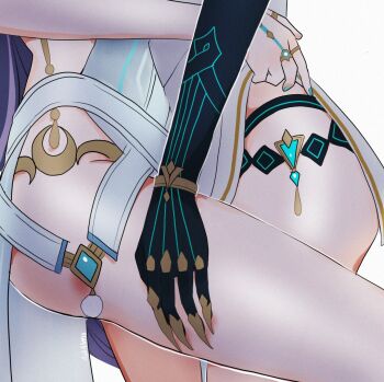 2girls aoiabyss black_gloves blue_nails commentary dress elbow_gloves genshin_impact gloves hand_on_another&#039;s_thigh highres lauma_(genshin_impact) multiple_girls nefer_(genshin_impact) simple_background thighs white_background white_dress yuri