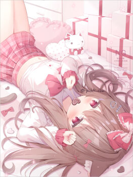 Rule 34 | 1girl, animal ears, bed sheet, blush, bow, breasts, brown hair, cat ears, cat girl, cat tail, chocolate, commentary request, fingernails, food, gift, hair bow, hands up, holding, holding chocolate, holding food, long hair, long sleeves, looking at viewer, lying, midriff, nail polish, navel, on back, original, pink bow, pink eyes, pink nails, pink skirt, plaid clothes, plaid skirt, shirt, skirt, solo, tail, twitter username, white shirt, yuduki pdx