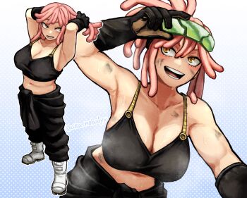1girl absurdres aka_nobodyy black_gloves black_pants black_tank_top blue_background boku_no_hero_academia boots breasts cleavage collarbone commentary english_commentary gloves goggles goggles_on_head grease_(mechanical) hands_in_own_hair hatsume_mei highres large_breasts light_blush long_hair looking_to_the_side making-of_available navel open_mouth pants pink_hair sidelocks solo sweat tank_top twitter_username white_boots