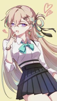 1girl aqua_bow aqua_bowtie black_skirt blonde_hair bow bowtie breasts collared_shirt commentary_request dooyam_830 earrings hair_between_eyes hair_ornament highres jewelry korean_commentary long_hair looking_at_viewer lynae_(wuthering_waves) medium_breasts open_mouth purple_eyes shirt simple_background skirt skull_hair_ornament solo thighs white_shirt wuthering_waves yellow_background