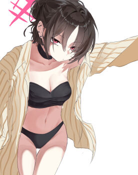 1girl absurdres bikini black_bikini black_choker blue_archive breasts brown_hair choker cleavage collarbone commentary_request ear_piercing earrings hair_bun halo highres jacket jewelry loali looking_at_viewer medium_breasts misaki_(blue_archive) misaki_(swimsuit)_(blue_archive) navel official_alternate_costume piercing red_eyes short_hair simple_background single_hair_bun solo stomach strapless strapless_bikini stud_earrings swimsuit thigh_gap thighs white_background yellow_jacket