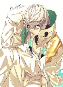 1boy asclepius_(fate) asclepius_(third_ascension)_(fate) brown_eyes character_name coat crossed_bangs fate/grand_order fate_(series) gradient_hair grey_hair knee_up long_hair long_sleeves lunapont male_focus multicolored_hair pants simple_background sitting sleeves_past_fingers sleeves_past_wrists solo upper_body very_long_hair white_background white_coat white_pants
