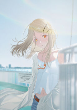 1girl absurdres blonde_hair camisole chocolat_teddy coat expressionless flat_chest gakuen_idolmaster highres idolmaster long_hair looking_at_viewer navel open_clothes open_coat orange_eyes outdoors parted_lips railing shinosawa_hiro sky solo sunlight