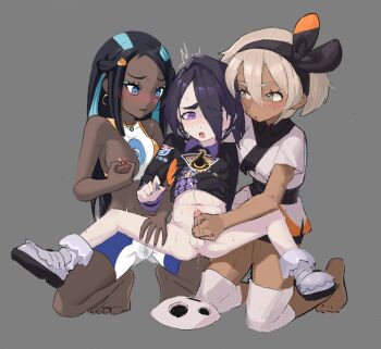 1boy 2girls age_difference allister_(pokemon) anus bea_(pokemon) black_hair black_shirt blonde_hair blue_eyes bobby_socks breasts commentary cum dark-skinned_female dark_skin ejaculation femdom ffm_threesome grey_background grey_eyes group_sex hair_over_one_eye handjob hetero interracial long_hair mirumiruchan multiple_girls navel nessa_(pokemon) nintendo nipple_stimulation nipple_tweak nipples one_eye_closed onee-shota open_mouth penis pokemon pokemon_swsh purple_eyes shirt short_hair shota simple_background small_breasts socks spread_legs testicles threesome uncensored white_socks