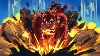 Rule 34 | 1boy, 1girl, ape, barefoot, brown fur, brown hair, donkey kong, donkey kong (series), donkey kong bananza, gorilla, ground shatter, highres, kornart, looking at viewer, necktie, nintendo, pauline (mario), pauline (young) (mario), smile