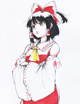 1girl ascot bare_shoulders black_hair bow commentary_request crossed_hands detached_sleeves frilled_bow frilled_hair_tubes frills hair_bow hair_tubes hakurei_reimu looking_to_the_side nontraditional_miko red_bow red_shirt red_skirt ribbon-trimmed_sleeves ribbon_trim s590220 shirt short_hair simple_background skirt sleeveless sleeveless_shirt solo touhou traditional_media white_background wide_sleeves yellow_ascot