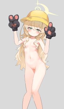 1girl absurdres animal_hands blonde_hair blue_archive blush breasts cleft_of_venus closed_mouth collarbone completely_nude female_pervert gloves green_eyes grey_background hair_between_eyes hair_ornament half-closed_eyes halo hat highres knees_together_feet_apart loli long_hair looking_at_viewer navel nipples nude paw_gloves paw_pose pervert professor_niyaniya_(blue_archive) pussy school_hat bad_tag simple_background small_breasts smile solo v wavy_mouth xiuluoniqia yellow_halo