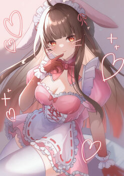 1girl alternate_costume animal_ear_hairband animal_ears apron breasts brown_hair cleavage colored_extremities commentary_request detached_collar drawn_whiskers dress fake_animal_ears frilled_cuffs frills hairband heart highres honkai:_star_rail honkai_(series) lingsha_(honkai:_star_rail) long_hair maid_apron maid_headdress mako_(cvyt5325) medium_breasts pink_dress pointy_ears puffy_short_sleeves puffy_sleeves rabbit_ear_hairband rabbit_ears red_hands short_sleeves smile thighhighs white_thighhighs