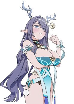 1girl absurdres antler_ornament antlers arm_under_breasts armlet blue_dress blue_eyes breasts cleavage crescent dress eyes_visible_through_hair flower genshin_impact hair_over_one_eye highres horns jewelry large_breasts lauma_(genshin_impact) long_hair mugi0913 pointy_ears purple_hair smile upper_body white_background white_flower