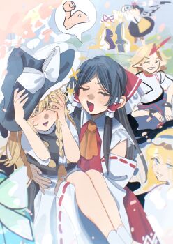 Rule 34 | 6+girls, absurdres, alice margatroid, apron, ascot, black hair, black skirt, black vest, blonde hair, blue eyes, blue skirt, blue tabard, blush, bow, braid, camera, carrying, carrying person, closed eyes, commentary request, detached sleeves, frilled bow, frilled hair tubes, frills, hair bow, hair tubes, hakurei reimu, hat, hat bow, hat ribbon, highres, holding, holding camera, horns, hoshiguma yuugi, kirisame marisa, long hair, mob cap, multiple girls, oni, open mouth, princess carry, purple tabard, red bow, red horns, red skirt, ribbon, ribbon-trimmed sleeves, ribbon trim, shameimaru aya, shi chimi, shirt, side braid, single braid, single horn, skirt, skirt set, sweatdrop, tabard, touhou, very long hair, vest, waist apron, white bow, white shirt, witch hat, yakumo ran, yakumo yukari, yellow ascot, yellow eyes, yuri