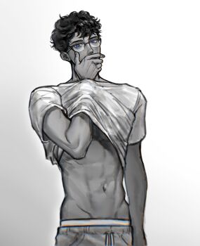 1boy blue_eyes clothes_lift curly_hair dark-skinned_male dark_skin dungeon_meshi glasses greyscale guilty_challenge_(meme) hand_under_clothes hand_under_shirt highres kabru looking_at_viewer male_focus meme monochrome navel omelepun shirt shirt_lift short_hair short_sleeves simple_background solo spot_color toned toned_male upper_body white_background