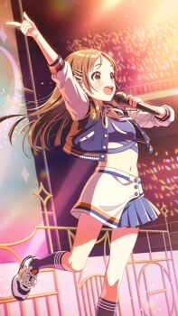 brown_eyes brown_hair buttons campus_mode!!_(idolmaster) forehead gakuen_idolmaster game_cg glowstick holding holding_microphone idol idol_clothes idolmaster jacket kneehighs kuramoto_china microphone navel official_art one_leg_raised open_mouth skirt socks
