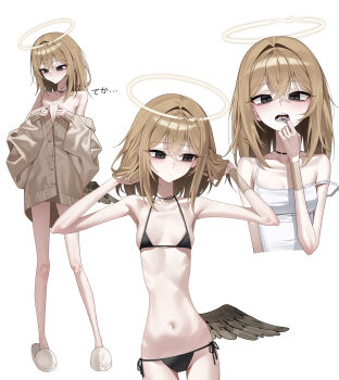1girl absurdres ashal_(mansu) bags_under_eyes bare_shoulders bikini black_bikini black_eyes blonde_hair breasts broken_halo camisole cardigan cropped_torso cut-here_line fallen_angel hair_between_eyes halo highres long_hair low_wings mansu_(mansu113355) multiple_views navel neck_tattoo open_mouth original pill scissor_tattoo side-tie_bikini_bottom single_wing skinny slippers small_breasts strap_slip swimsuit tattoo traditional_halo undressing white_camisole wings
