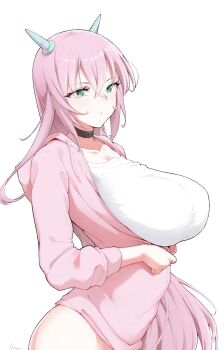 1girl aqua_eyes aqua_horns arched_back black_choker breasts choker closed_mouth commentary dot_mouth from_side highres hood hoodie horns huge_breasts ikigai long_hair mechanical_horns miki_(senran_kagura) pink_hair pink_hoodie senran_kagura senran_kagura_new_wave shirt solo unzipped upper_body very_long_hair white_shirt