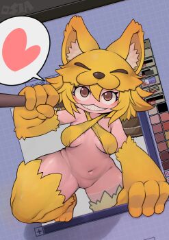 1girl absurdres animal_ear_fluff animal_feet animal_hands art_program_in_frame blush bottomless bra breasts brown_eyes commentary_request commission criss-cross_halter foot_out_of_frame fox_girl fox_hat grin hair_between_eyes halterneck heart highres holding holding_staff looking_at_viewer medium_breasts moonlight_flower navel no_pussy ragnarok_online rosia_san sharp_teeth short_hair skeb_commission smile solo spoken_heart staff teeth through_medium through_screen underboob underwear variant_set yellow_bra