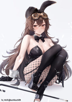 1girl absurdres amber_(genshin_impact) animal_ears ankle_strap bare_arms black_bow black_bowtie black_gloves black_leotard black_shoes black_thighhighs bow bowtie breasts brown_hair cane cleavage closed_mouth commentary crossed_bangs detached_collar double-parted_bangs english_commentary fake_animal_ears faruhan fishnet_pantyhose fishnets forehead garter_straps genshin_impact gloves goggles goggles_on_head hair_between_eyes high_heels highleg highleg_leotard highres large_breasts legs_together leotard long_hair looking_at_viewer on_floor orange_eyes pantyhose patent_heels platform_heels playboy_bunny pumps shadow shoes sitting solo stiletto_heels strapless strapless_leotard strappy_heels thighhighs thighs twitter_username wrist_cuffs
