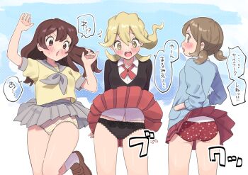 Rule 34 | 3girls, ass, black panties, black sweater, blonde hair, blue sweater, blush, brown eyes, brown hair, clothes lift, commentary request, embarrassed, grey neckerchief, grey skirt, hands in pockets, heart, heart print, lace, lace-trimmed panties, lace trim, lass (pokemon), lass (pokemon bw), lass (pokemon oras), lass (pokemon xy), long hair, low twintails, miniskirt, multiple girls, neckerchief, nintendo, open mouth, panties, pantyshot, pleated skirt, pokemon, pokemon bw, pokemon oras, pokemon xy, print panties, pumpkinpan, red skirt, shirt, short sleeves, short twintails, skirt, skirt lift, striped clothes, striped panties, sweater, translated, twintails, underwear, wind, wind lift, yellow shirt
