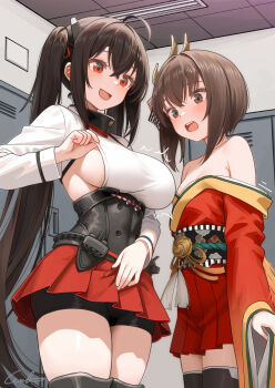 2girls absurdres ahoge azur_lane bike_shorts bird_hair_ornament black_shorts black_thighhighs breasts brown_eyes brown_hair commentary_request commission cosplay costume_switch hair_ornament hakama hakama_short_skirt hakama_skirt headgear highres japanese_clothes jewelry kantai_collection kimono large_breasts locker locker_room long_hair long_sleeves miniskirt multiple_girls name_connection open_mouth pleated_skirt red_eyes red_kimono red_skirt short_hair short_shorts shorts shorts_under_skirt skeb_commission skirt small_breasts taihou_(azur_lane) taihou_(azur_lane)_(cosplay) taihou_(kancolle) taihou_(kancolle)_(cosplay) teeth thighhighs twintails upper_teeth_only very_long_hair welt_(kinsei_koutenkyoku)