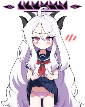 1girl blue_archive blush clothes_lift female_focus halo hina_(blue_archive) horns koonowen lifting_own_clothes loli long_hair looking_at_viewer multiple_horns panties pink_panties purple_eyes purple_halo school_uniform serafuku skirt skirt_lift solo standing underwear very_long_hair white_background