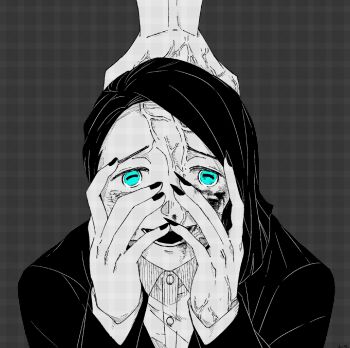 2boys :d aqua_eyes asymmetrical_bangs black_jacket blood blood_on_cheek buttons colored_tips commentary_request crazy crazy_eyes crazy_smile demon_boy enmu_(kimetsu_no_yaiba) facial_mark furrowed_brow grey_background greyscale hand_on_another's_head hand_up hands_on_own_face jacket kimetsu_no_yaiba laterate763 long_sleeves looking_at_viewer looking_up lower_teeth_only male_focus medium_hair monochrome multicolored_hair multiple_boys open_mouth out_of_frame signature smile solo_focus spot_color straight-on suit_jacket symbol-shaped_pupils tearing_up tears_facial_mark teeth trap undershirt upper_body veins veiny_face veiny_hands