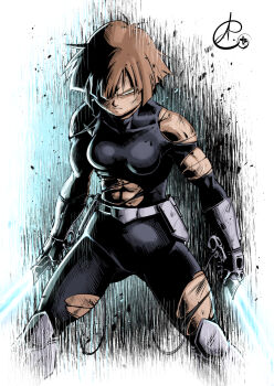 Rule 34 | 1girl, abs, armor, armored boots, artist logo, battle damage, belt, benoit picard, black unitard, blue light, boots, breasts, brown hair, cable, commentary, dragon ball, dragon ball multiverse, dual wielding, energy sword, english commentary, facing viewer, feet out of frame, gauntlets, glaring, green eyes, hair over one eye, highres, holding, holster, logo, looking at viewer, mechanical boots, mechanical gloves, muscular, muscular female, one eye covered, pauldrons, phipsil (dragon ball multiverse), power armor, scratches, short hair, shoulder armor, sidelighting, signature, single pauldron, small breasts, solo, sword, torn clothes, torn unitard, unitard, weapon