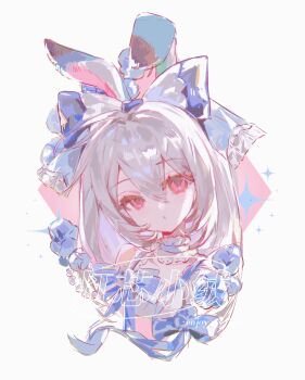 1girl :o ahoge animal_ears blue_bow blush bow choker commission dengxin_xiao_rong eyelashes frilled_choker frills gem hair_between_eyes hair_bow highres long_hair looking_at_viewer mihuashi_commission original pearl_(gemstone) pink_eyes portrait rabbit_ears rabbit_girl sidelocks solo star_(symbol) watermark white_background white_hair