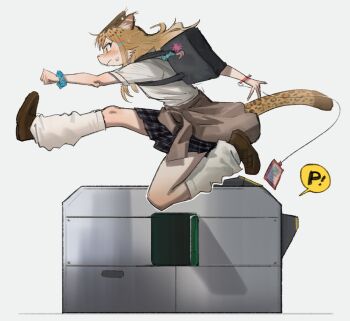 1girl absurdres akiko_(vakiko6) animal_ear_fluff animal_ears bag blonde_hair brown_shoes charm_(object) clothes_around_waist commentary english_commentary fare_gate gyaru handbag highres kogal leopard_ears leopard_girl leopard_tail long_hair loose_socks midair original outstretched_arm shirt shoes short_sleeves simple_background socks sweater sweater_around_waist tail white_shirt wristband