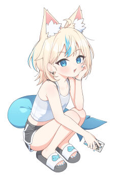 1girl absurdres ahoge animal_ear_fluff animal_ears black_shorts blonde_hair blue_eyes blue_nails blue_streaks bra_strap bracelet cat_ears collarbone commentary cracked_phone dolphin_shorts earrings elbow_on_knee fang fins fish_girl fish_tail full_body head_rest highres holding holding_phone indie_virtual_youtuber jewelry korean_commentary looking_at_viewer multicolored_hair nail_polish open_mouth phone sameko_saba sandals short_hair shorts solo squatting streaked_hair tail tank_top toenail_polish toenails ugaaaa1 virtual_youtuber white_background white_tank_top