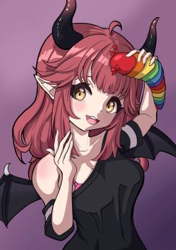 1girl 1other 2025 :3 ahoge black_shirt commission cozychuu demon_horns demon_wings highres holding_insect horns indie_virtual_youtuber mrcvtuberfan open_mouth pointy_ears purple_background shirt solo wings