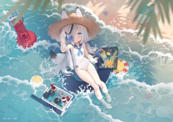 1girl animal_ears azur_lane ball bare_shoulders barefoot beach beachball black_hair blue_bow blue_eyes blue_neckerchief blue_sailor_collar bow breasts brown_hat commentary_request covered_navel ears_through_headwear fox_ears fox_girl fox_tail full_body hair_bow hair_over_one_eye hand_on_own_head hat highres innertube jacket kasumi_(azur_lane) kasumi_1118 long_hair long_sleeves looking_at_viewer low_twintails manjuu_(azur_lane) multicolored_hair neckerchief one-piece_swimsuit one_eye_covered open_clothes open_jacket open_mouth outdoors sailor_collar sailor_one-piece_swimsuit see-through_clothes see-through_jacket small_breasts solo straw_hat sun_hat swim_ring swimsuit tail thigh_strap twintails two-tone_hair very_long_hair white_hair white_jacket white_one-piece_swimsuit