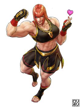 1girl absurdres breasts chain fingerless_gloves flexing gloves gold_chain highres jamrolypoly jewelry marisa_(street_fighter) muscular muscular_female necklace one_eye_closed red_hair short_hair solo sports_bra street_fighter street_fighter_6