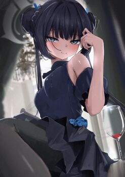 1girl absurdres black_hair black_pantyhose blue_archive blurry blurry_background breasts commentary_request cup detached_sleeves double_bun drinking_glass grey_hair grey_halo hair_bun halo highres kazu_(kauk3753) kisaki_(blue_archive) long_hair looking_at_viewer pantyhose sitting small_breasts smile solo wine_glass