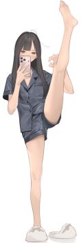 1girl absurdres ama_mitsuki bare_legs barefoot blunt_bangs blush brown_eyes brown_hair cellphone commentary_request flexible highres holding holding_phone leg_lift leg_up long_hair looking_at_phone original pajamas phone short_sleeves simple_background smartphone soles solo split standing standing_on_one_leg standing_split toes white_background