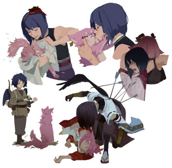 Rule 34 | 2girls, aged down, alternate costume, alternate universe, arrow (projectile), arrow in body, bare shoulders, bird girl, bird wings, bow (weapon), cleaning, couple, dying, empty eyes, faceless, faceless female, fox, fox girl, from side, genshin impact, hair between eyes, headpiece, highres, holding, japanese clothes, kiss, kissing cheek, kujou sara, leaning forward, long sleeves, looking at another, looking down, looking up, messy hair, miko, multiple girls, open mouth, parted lips, pink fur, protecting, scared, short hair, sleeveless, suqling, tail, tail wagging, tank top, towel, weapon, weapon on back, wet, white background, wide-eyed, wide sleeves, wings, yae miko, yae miko (fox), yellow eyes, yuri